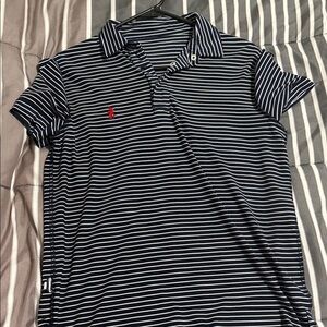 Navy and White Striped Polo with Red Logo